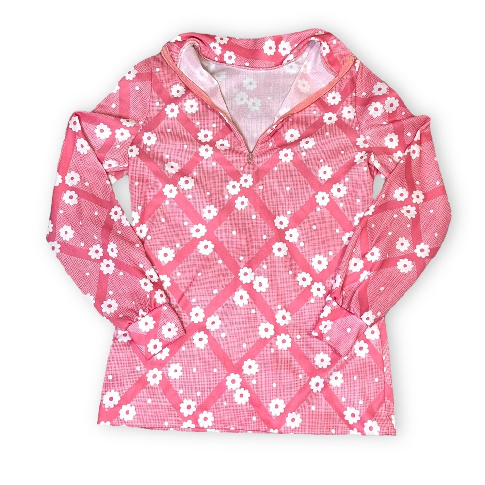 Vintage 60s Pink Flower Lattice Polka Dot Print Quarter Zip Long Sleeve …